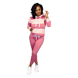 Striped Streetwear Full Sleeve Pullover Drawstring Hooded Two Pieces Set NK-6005