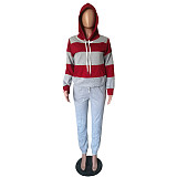 Striped Streetwear Full Sleeve Pullover Drawstring Hooded Two Pieces Set NK-6005