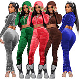Pleated Velvet Cropped Hoodies Women Casual Tracksuit RS-089