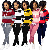 Striped Streetwear Full Sleeve Pullover Drawstring Hooded Two Pieces Set NK-6005