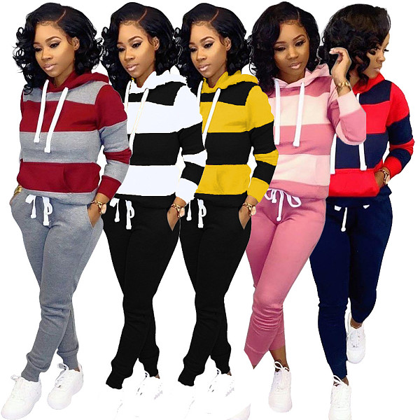 Striped Streetwear Full Sleeve Pullover Drawstring Hooded Two Pieces Set NK-6005