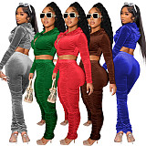 Pleated Velvet Cropped Hoodies Women Casual Tracksuit RS-089