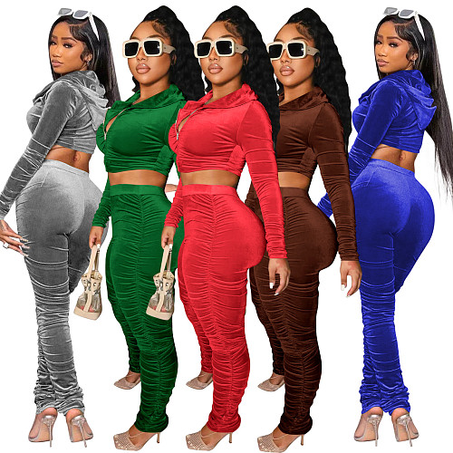 Pleated Velvet Cropped Hoodies Women Casual Tracksuit RS-089