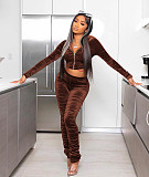 Pleated Velvet Cropped Hoodies Women Casual Tracksuit RS-089