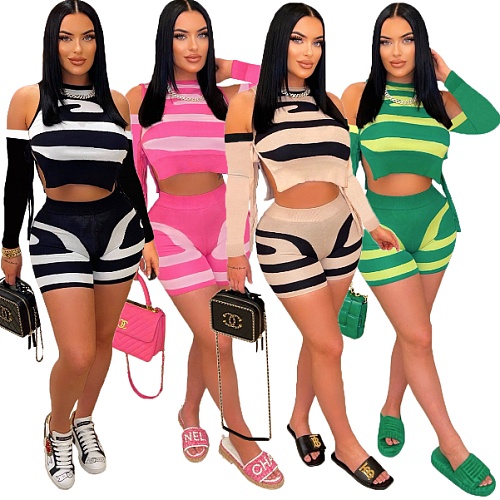 Ribbed Knit 2 Piece Outfits Long Sleeve Crop Top Shorts Set MDF-5386