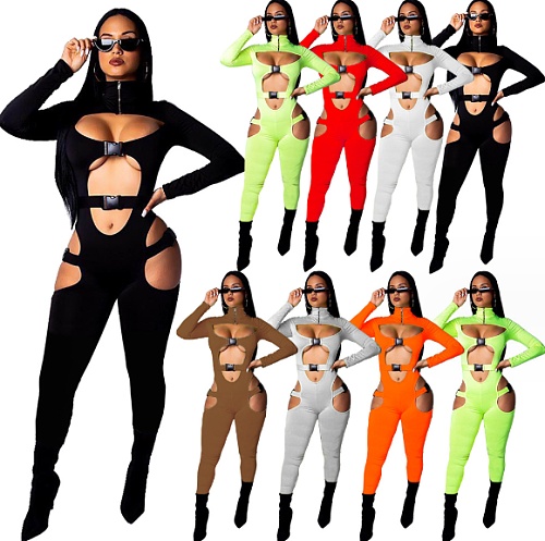 Hollow Out Long Sleeve Buckle Solid Jumpsuit MDF-5258