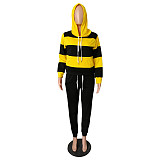 Striped Streetwear Full Sleeve Pullover Drawstring Hooded Two Pieces Set NK-6005