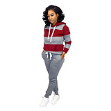Striped Streetwear Full Sleeve Pullover Drawstring Hooded Two Pieces Set NK-6005