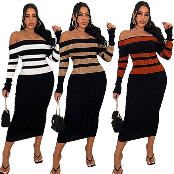 Sexy Off Shoulder Backless High-waisted Knitted Hip Wrap Maxi Dress OSM-4405