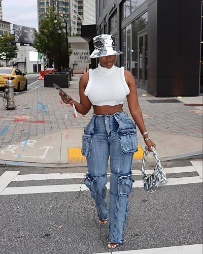 Casual Women Multi-pocket Overalls Mid-waist Wash Straight-leg Jeans CY-6162