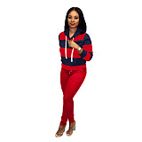 Striped Streetwear Full Sleeve Pullover Drawstring Hooded Two Pieces Set NK-6005