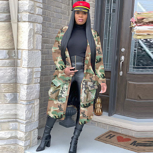 Women Camouflage Long Jacket Cardigan with Pockets SH-3726