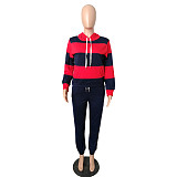 Striped Streetwear Full Sleeve Pullover Drawstring Hooded Two Pieces Set NK-6005