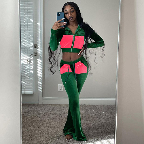 Zipper Jacket Top+Flare Sweatpants Women Green Two Piece Set MDF-5265