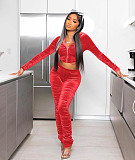 Pleated Velvet Cropped Hoodies Women Casual Tracksuit RS-089