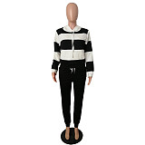 Striped Streetwear Full Sleeve Pullover Drawstring Hooded Two Pieces Set NK-6005