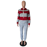 Striped Streetwear Full Sleeve Pullover Drawstring Hooded Two Pieces Set NK-6005