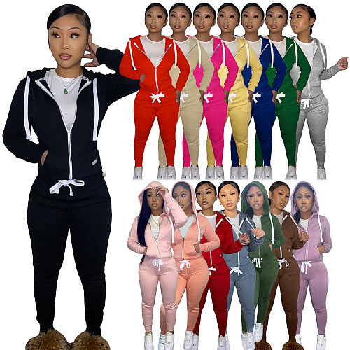 Fleece Hooded Zip Coat Pencil Pants Two Pieces Set CH-8198