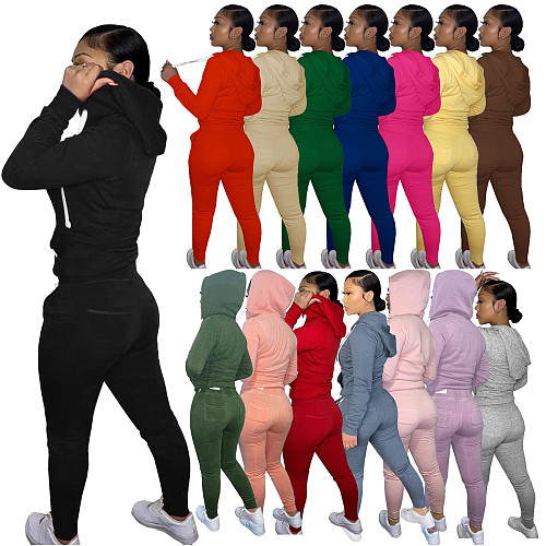 Fleece Hooded Zip Coat Pencil Pants Two Pieces Set CH-8198