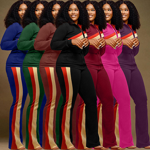 Active Striped Patchwork Jacket and Pants Sweatsuit WA-77495