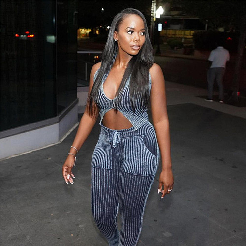 Sleeveless Halter Backless Crop Tanks Top High Waist Flare Suits SXE-W23S36685