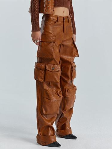 Fashion Woman High Waist Multi-pocket PU Leather Overall Straight-leg Pants RS-786651