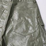 Fashion Woman High Waist Multi-pocket PU Leather Overall Straight-leg Pants RS-786651