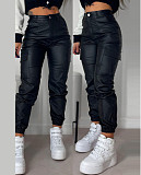 Women Zipper Pleated Pocket PU Leather Tight Pencil Pants RS-1364