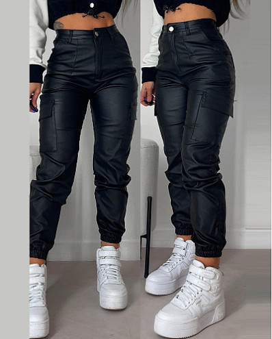 Women Zipper Pleated Pocket PU Leather Tight Pencil Pants RS-1364
