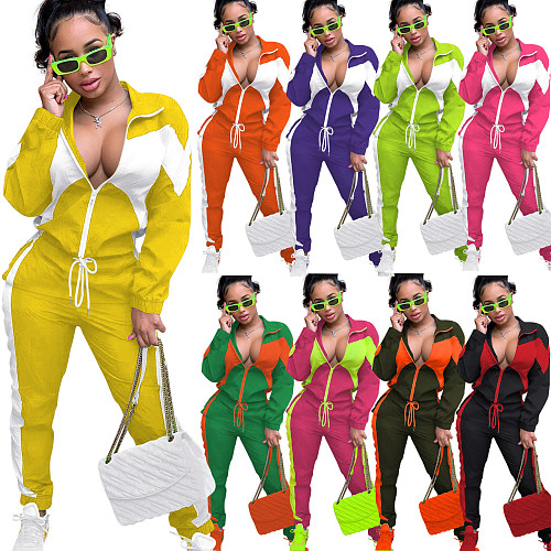 Contrast Color Patchwork Jacket Sporty Pants 2 Piece Set YD-8669