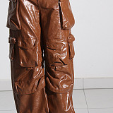 Fashion Woman High Waist Multi-pocket PU Leather Overall Straight-leg Pants RS-786651