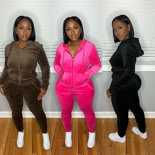 Velour Tracksuit Two Piece Soft Velvet Hooded Outfits YD-8760