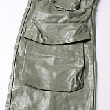 Fashion Woman High Waist Multi-pocket PU Leather Overall Straight-leg Pants RS-786651