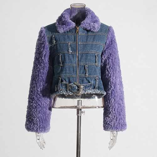 Fashion Women Denim Quilted Woolly Design Sense Short Warm Coat RS-203748