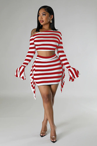 Stripe Print One Shoulder Long Sleeve Sexy Skirt Two-piece Set RS-8015