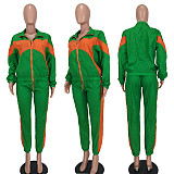 Contrast Color Patchwork Jacket Sporty Pants 2 Piece Set YD-8669