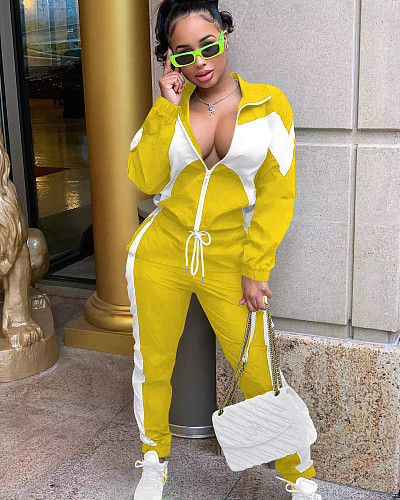 Contrast Color Patchwork Jacket Sporty Pants 2 Piece Set YD-8669