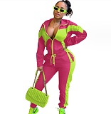 Contrast Color Patchwork Jacket Sporty Pants 2 Piece Set YD-8669