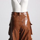 Fashion Woman High Waist Multi-pocket PU Leather Overall Straight-leg Pants RS-786651