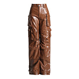 Fashion Woman High Waist Multi-pocket PU Leather Overall Straight-leg Pants RS-786651