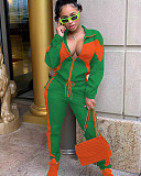 Contrast Color Patchwork Jacket Sporty Pants 2 Piece Set YD-8669