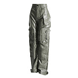 Fashion Woman High Waist Multi-pocket PU Leather Overall Straight-leg Pants RS-786651