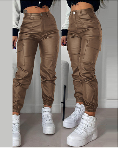 Women Zipper Pleated Pocket PU Leather Tight Pencil Pants RS-1364