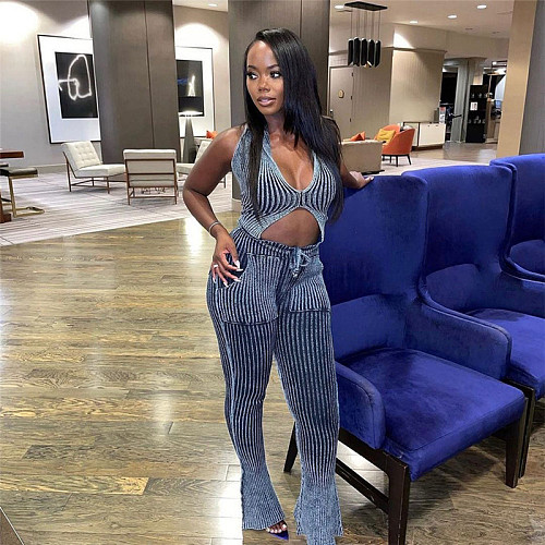 Sleeveless Halter Backless Crop Tanks Top High Waist Flare Suits SXE-W23S36685