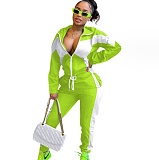 Contrast Color Patchwork Jacket Sporty Pants 2 Piece Set YD-8669