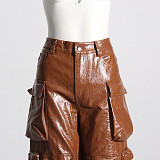 Fashion Woman High Waist Multi-pocket PU Leather Overall Straight-leg Pants RS-786651