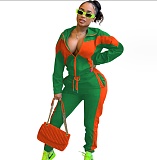 Contrast Color Patchwork Jacket Sporty Pants 2 Piece Set YD-8669