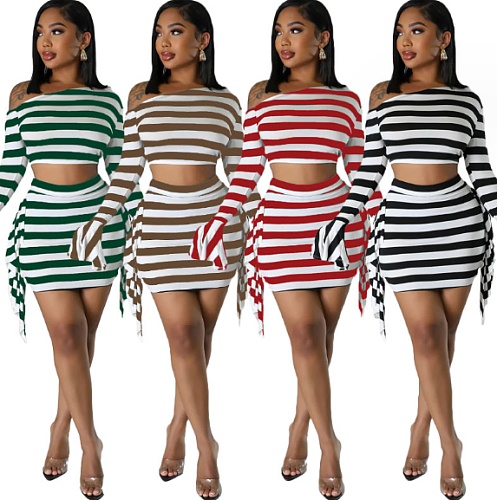 Stripe Print One Shoulder Long Sleeve Sexy Skirt Two-piece Set RS-8015