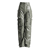 Fashion Woman High Waist Multi-pocket PU Leather Overall Straight-leg Pants RS-786651