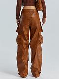 Fashion Woman High Waist Multi-pocket PU Leather Overall Straight-leg Pants RS-786651